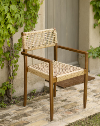 Conjunto de 4 cadeiras de madeira de teca com assento trançado de 805cm
