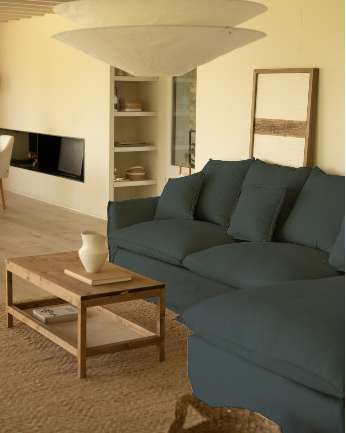 Capa para sofá com chaise longue direito de algodão e linho azul em várias medidas