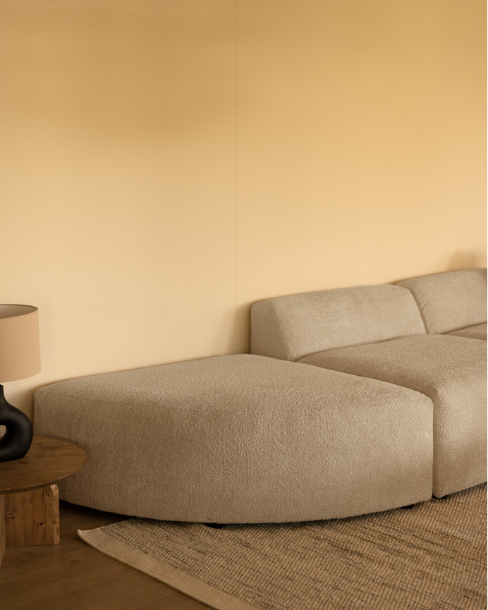 Sofá curvo de 3 módulos com chaise longue bouclé cinza claro 320x172cm