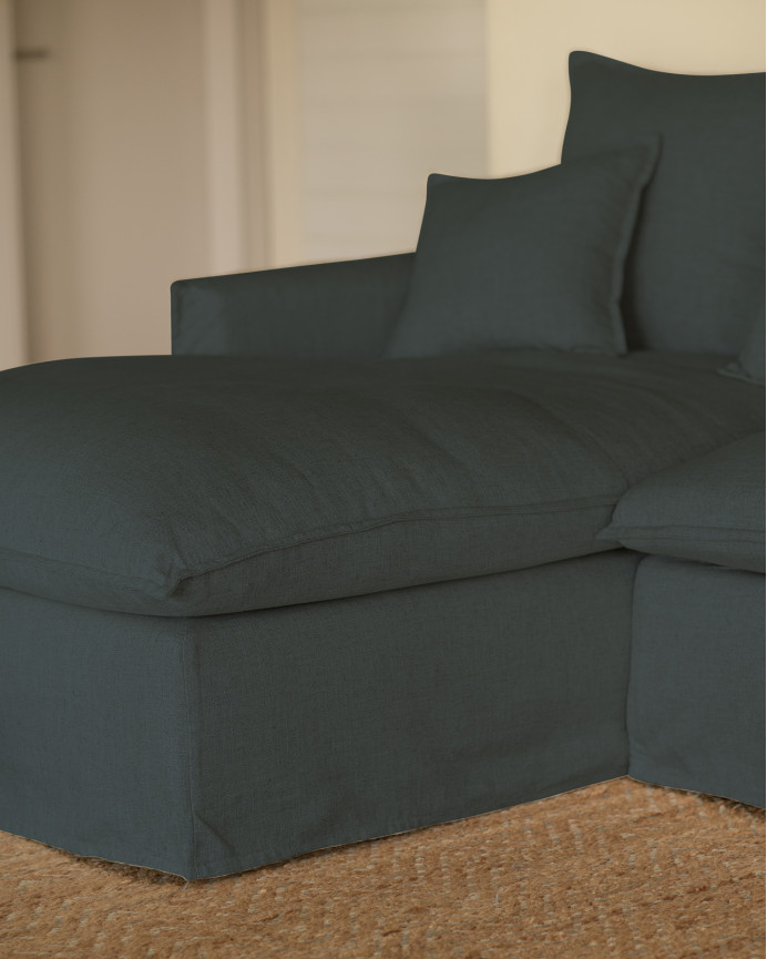 Sofá com chaise longue em algodão e linho com capas removíveis em azul vários tamanhos