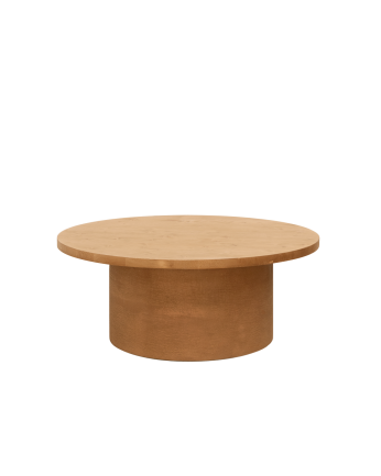 Mesa de centro redonda de madeira maciça tom de carvalho médio e perna de microcimento tom terracota de 80x30cm