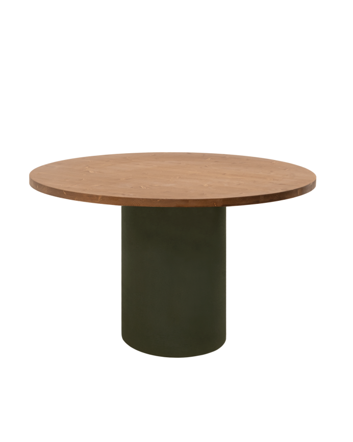 Mesa de jantar redonda de madeira maciça tom de carvalho escuro e pernas de microcimento em tom verde de várias medidas
