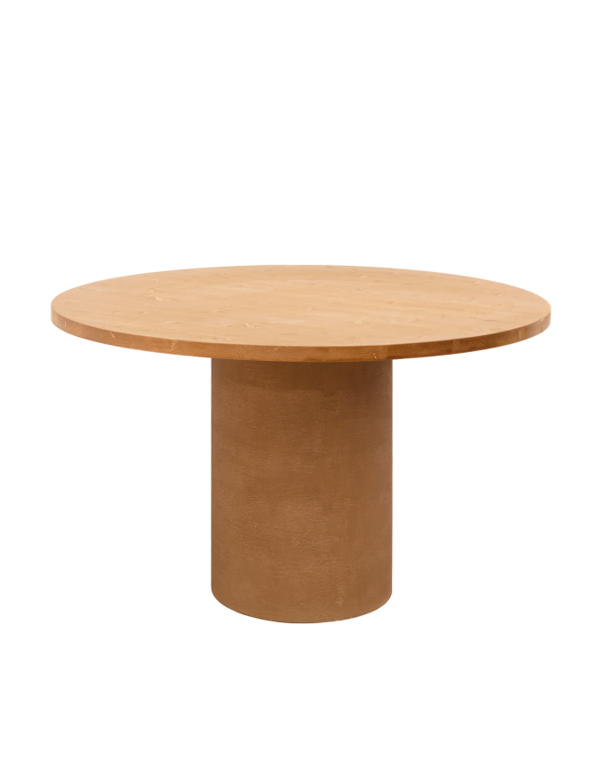 Mesa de jantar redonda em madeira maciça tom de carvalho médio e pernas de microcimento em tom terracota de várias medidas