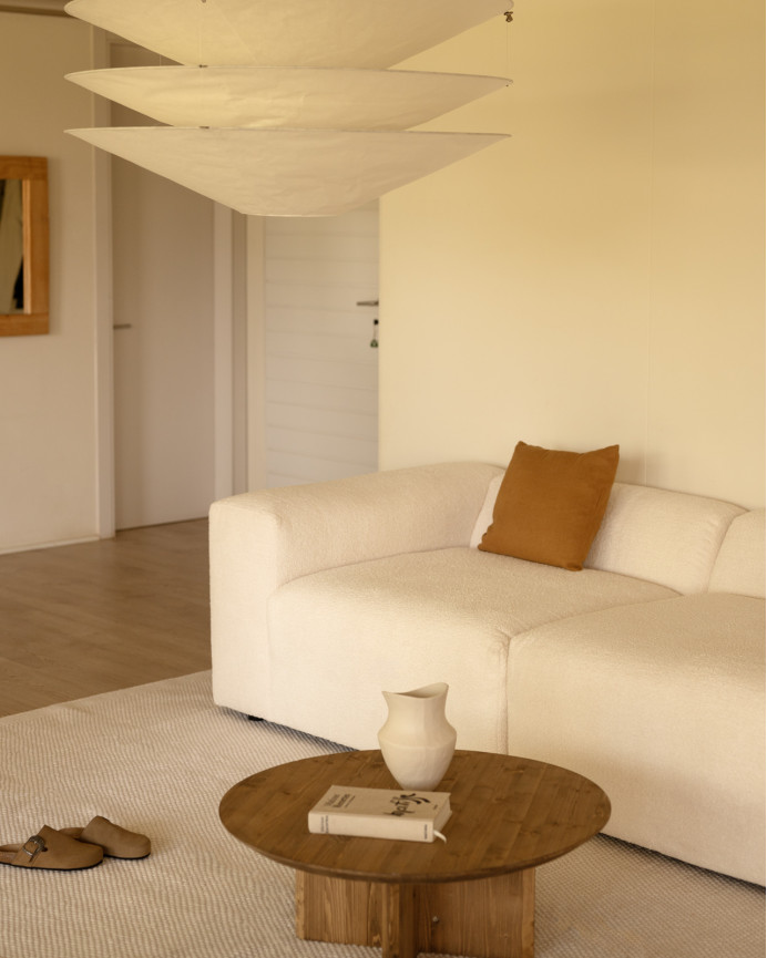 Sofá de 4 módulos com curva bouclé branco 410x110cm