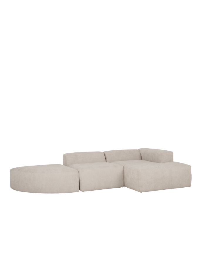 Sofá curvo de 3 módulos com chaise longue bouclé cinza claro 320x172cm