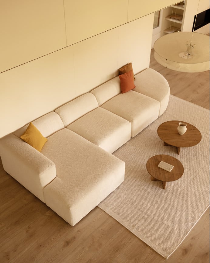 Sofá curvo de 4 módulos com chaise longue bouclé branco 410x172cm