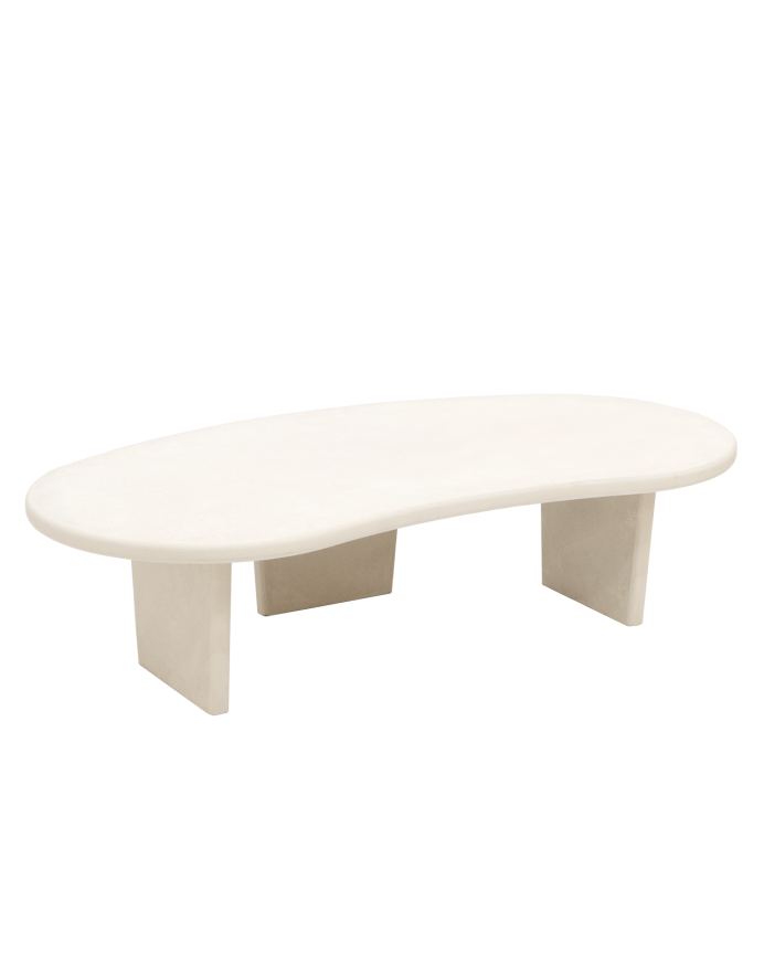 Mesa de centro de microcimento com formas orgânicas com três pés em tom off-white 120cm