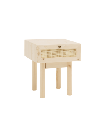 Mesa de cabeceira em madeira maciça e ráfia com gaveta em tom natural 40x45cm