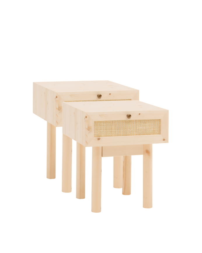 Pack de 2 mesas de cabeceira de madeira maciça e rattan com uma gaveta em tom natural de 40x45cm