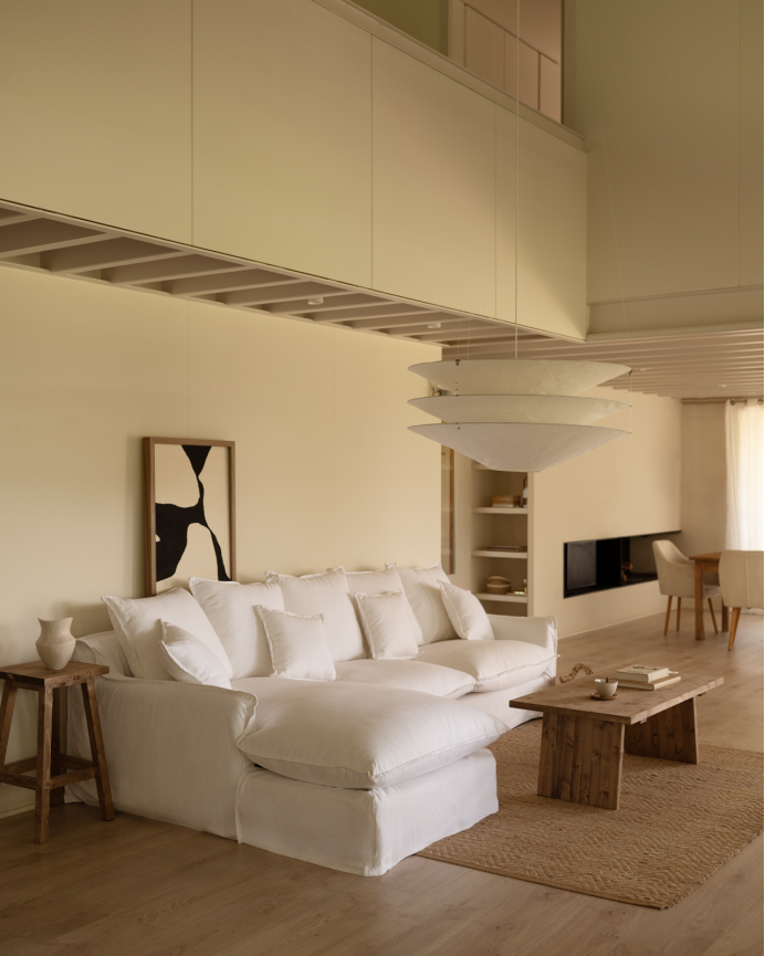 Sofá com chaise longue em algodão e linho com capa removível branca em vários tamanhos